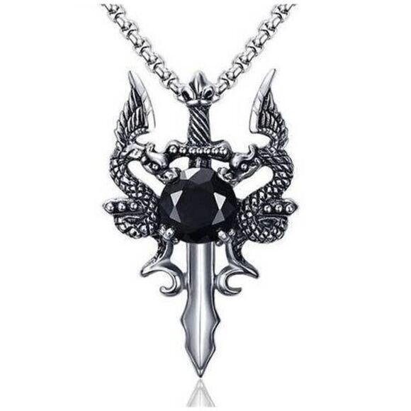 STAINLESS STEEL BLACK DIAMOND TWIN DRAGON CROSS SWORD NECKLACE - Picture 2 of 7